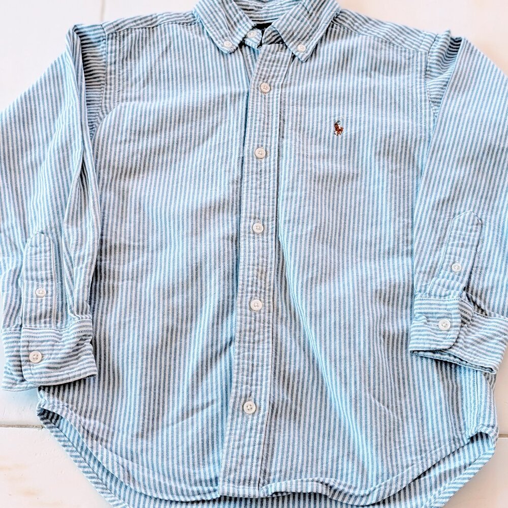 Boys Ralph Lauren Sz 5 Blue White Striped Button-Down Collared Shirt 100% Cotton